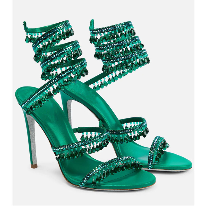 Rhinestone Sandal Women - Sandales à talons aiguilles vertes sexy