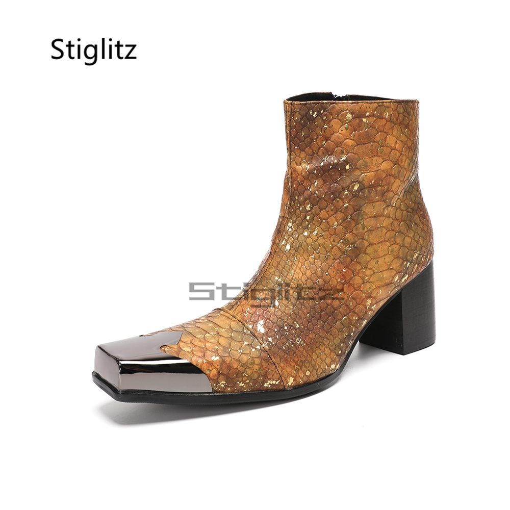 Block Heel Ankle Boots - Bottines pour hommes en cuir véritable,