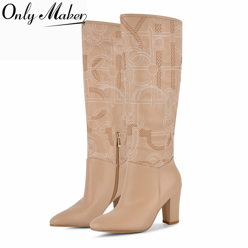 Block Heel Ankle Boots - Onlymaker Bottes hautes à broderie abricot,