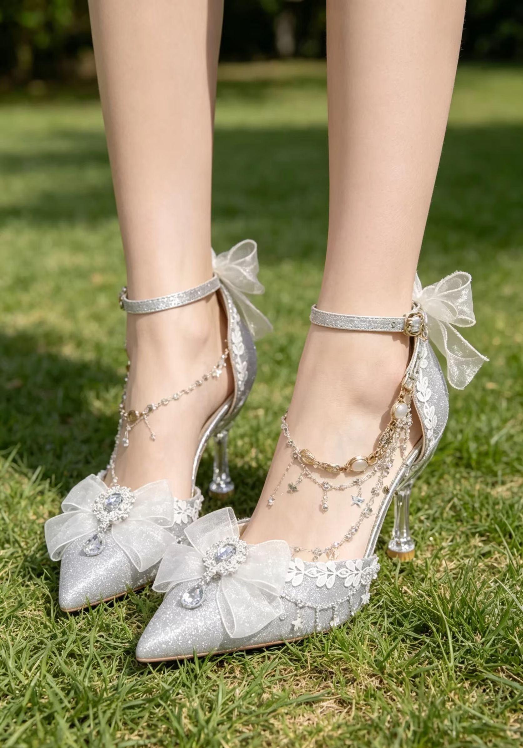 Rhinestone Sandal Women - Escarpins de mariée argentés à paillettes