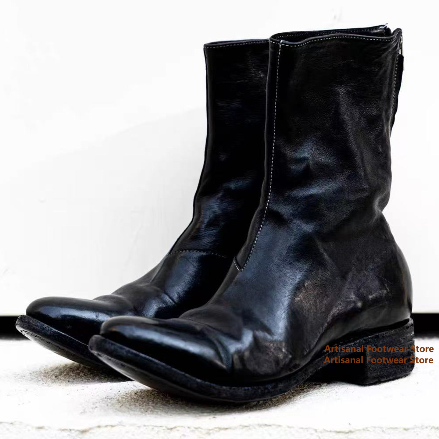 Block Heel Ankle Boots - Bottes mi-mollet en cuir froissé vintage,