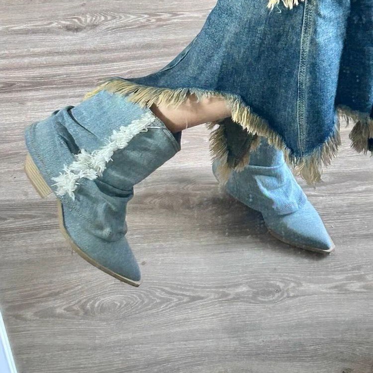 Bottes de rinçage en denim pli - Women Shoes Jeans avis et prix